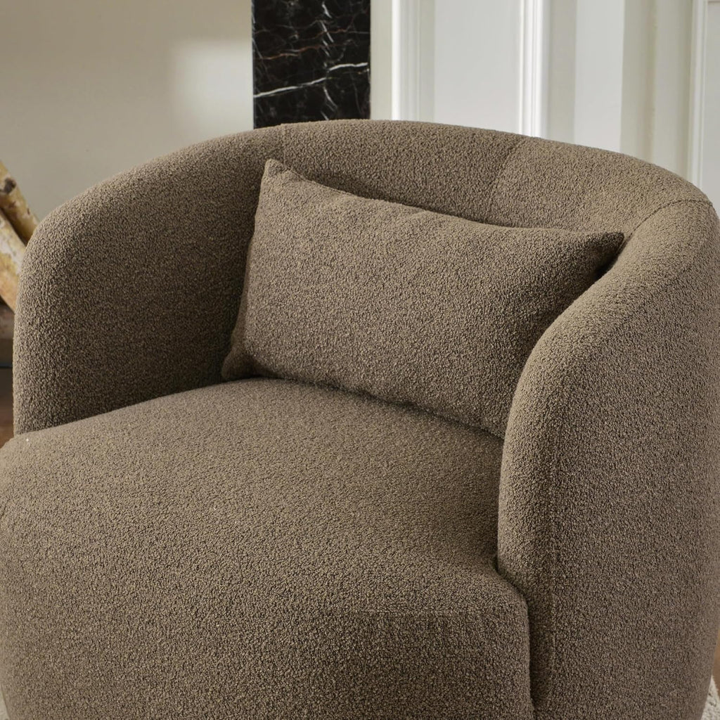 KINWELL 34" Wide Sherpa Swivel Barrel Chairs Set of 2, No Assembly Round Boucle Upholstered Accent Chairs Armchairs Single Sofa Chair with Toss Pillow for Living Room and Bedroom, Teddy Brown