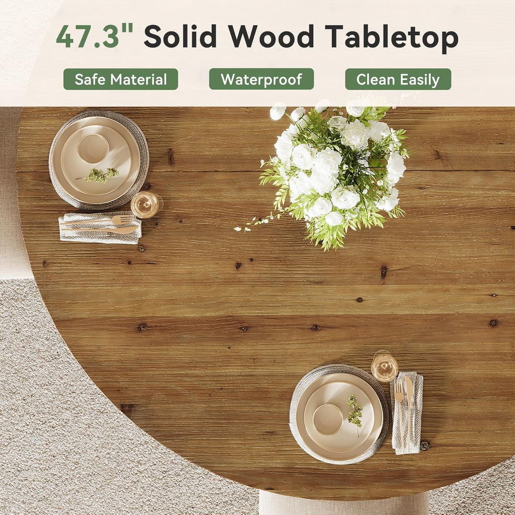 47.3" Solid Wood Dining Table for 4-6, Round Kitchen Table with Wood Legs, Farmhouse Kitchen & Dining Room Furniture, Brown