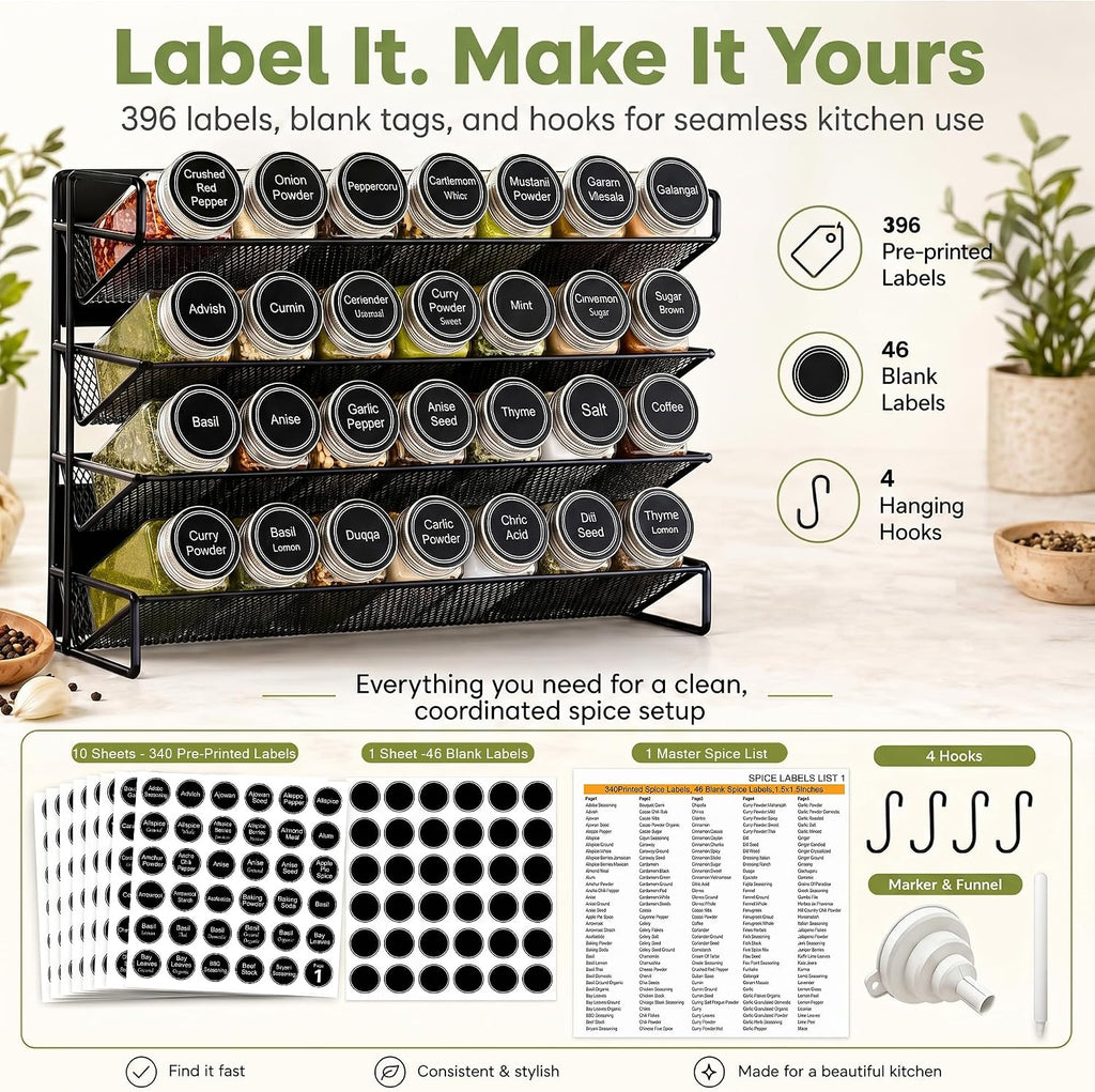 UVIAHOMI Magnetic Spice Rack Organizer for Refrigerator with 28 Spice Jars, 386 Spice Labels, 4 Hook, Chalk Marker and Funnel Set, Magnetic Shelf for Seasoning Organizer, 13.2'' W x 9.8 H, Black