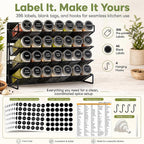 UVIAHOMI Magnetic Spice Rack Organizer for Refrigerator with 28 Spice Jars, 386 Spice Labels, 4 Hook, Chalk Marker and Funnel Set, Magnetic Shelf for Seasoning Organizer, 13.2'' W x 9.8 H, Black