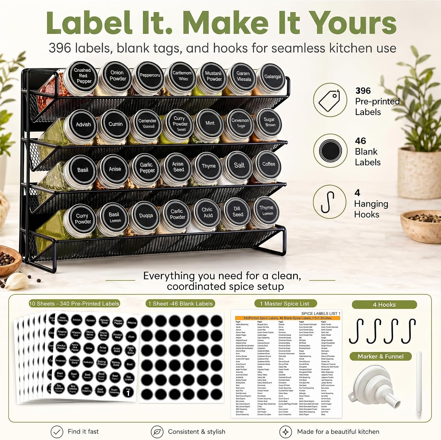 UVIAHOMI Magnetic Spice Rack Organizer for Refrigerator with 28 Spice Jars, 386 Spice Labels, 4 Hook, Chalk Marker and Funnel Set, Magnetic Shelf for Seasoning Organizer, 13.2'' W x 9.8 H, Black