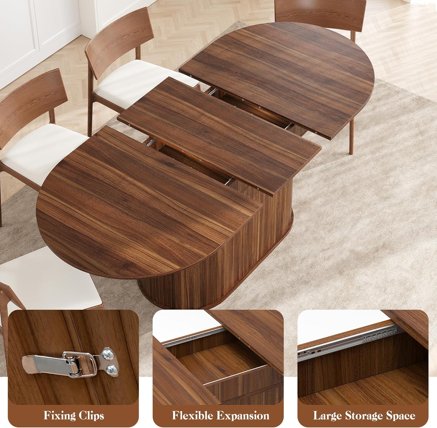 5-Piece Extendable Oval Dining Table Set for 4, 55"-71" Kitchen Table and 4 Beige Linen Chairs with Metal Legs, Wood Dining Room Table with MDF Tabletop&Base, Wulnat