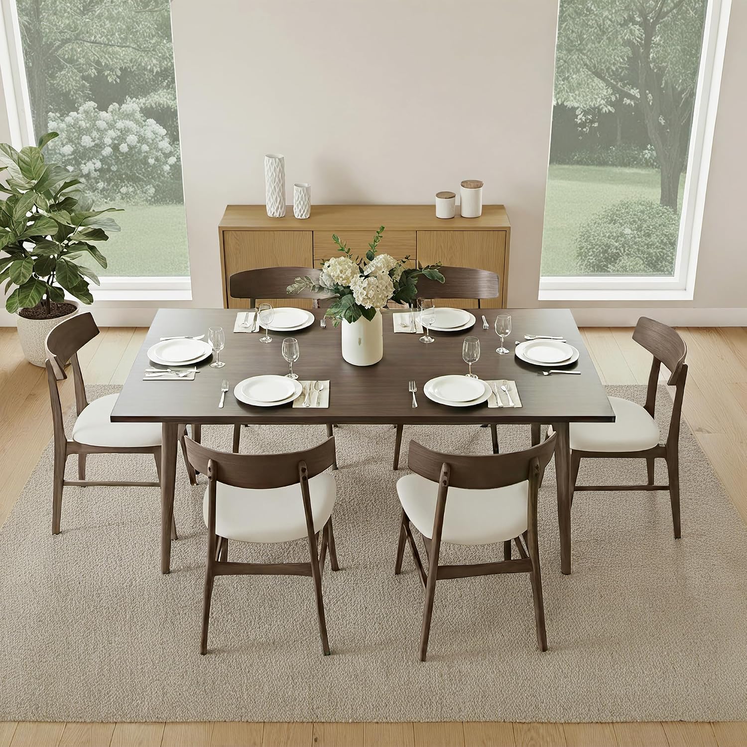 KISLOT Wooden Dining Chairs Set of 4, Upholstered Modern Dining Room Chairs, Mid Century Oak Kitchen Chairs with Curved Wood Backrest for Farmhouse, Restaurant, Café (Cream Fabric & Walnut Color)