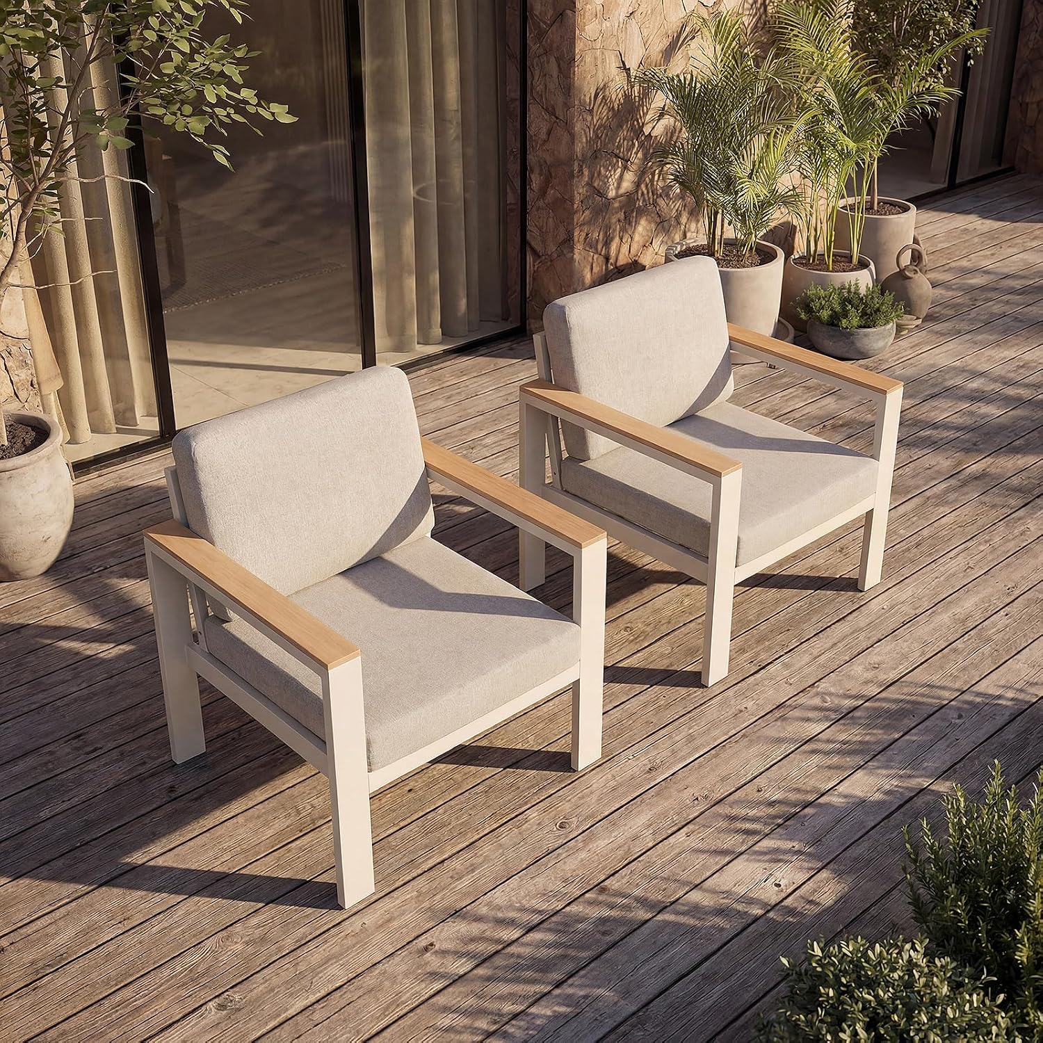 2PC Single Seat Aluminum Patio Chairs, Outdoor Furniture with 1.5mm Thick Powder-Coated Frame, Water Repellent Removable Cushions, Lightweight Single Chairs for Balcony Porch Backyard