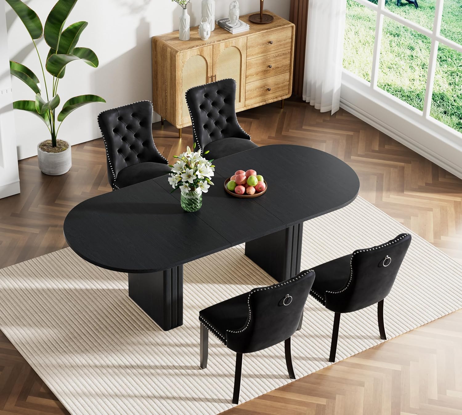Extendable Dining Table Set of 4, Black Oval Dining Room Table & 4 Black Velvet Dining Chairs with Wood Leg, 62.99"-78.74" Kitchen Table and Chairs Set, Modern 5 Piece Dining Set