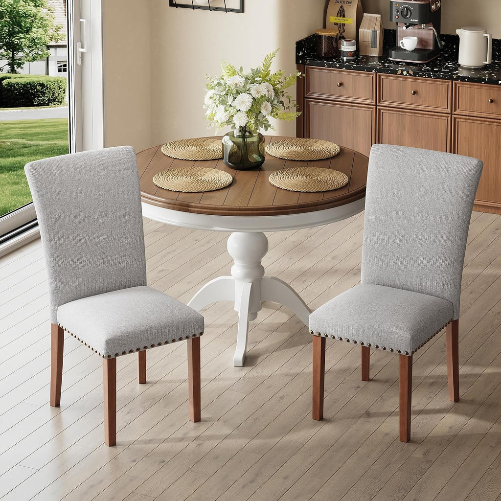 COLAMY Parsons Dining Chairs Set of 6, Upholstered Fabric Dining Room Kitchen Chair with Nailhead Trim and Wood Legs - Light Grey