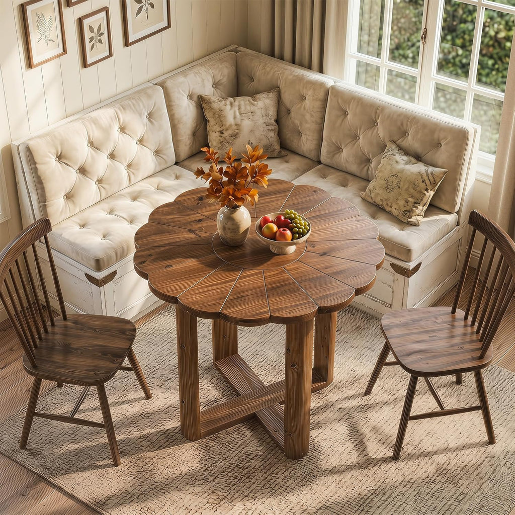 31.5-Inch Solid Wood Round Dining Table for 2-4, Small Farmhouse Kitchen Table with Carved Petal Pattern, Wooden Dining Room Furniture for Apartments, Small Place, Rustic Brown