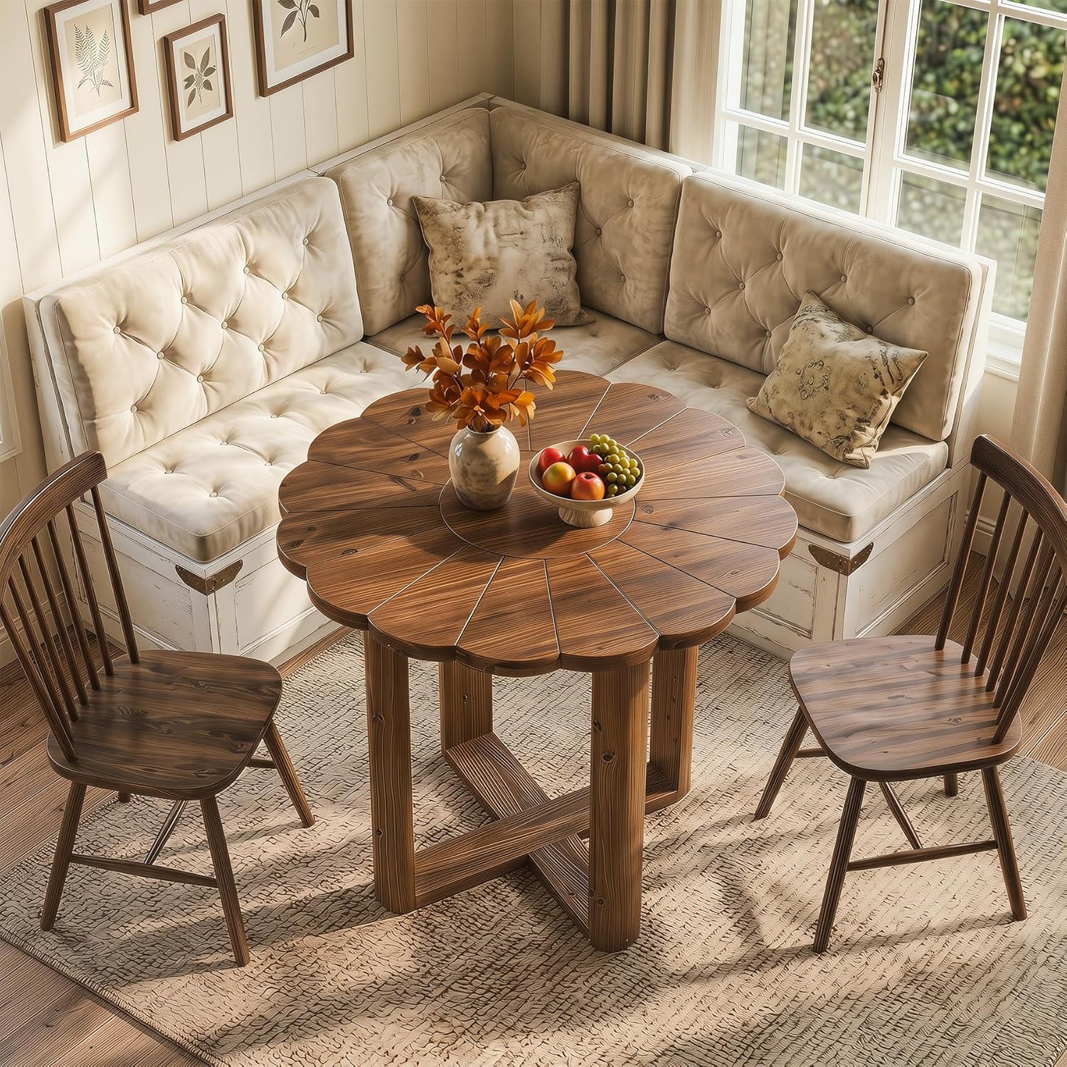 31.5-Inch Solid Wood Round Dining Table for 2-4, Small Farmhouse Kitchen Table with Carved Petal Pattern, Wooden Dining Room Furniture for Apartments, Small Place, Rustic Brown