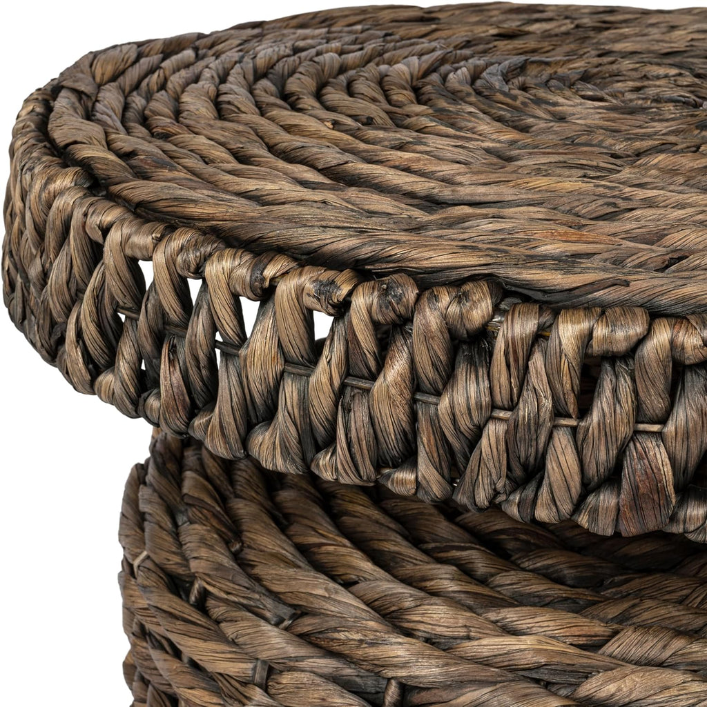 JONATHAN Y Marisol Round Brown Woven Water Hyacinth Side Table with Iron Frame, 24" Pedestal End Table for Living Room, Coastal Bohemian Accent Nightstand TBL2504B