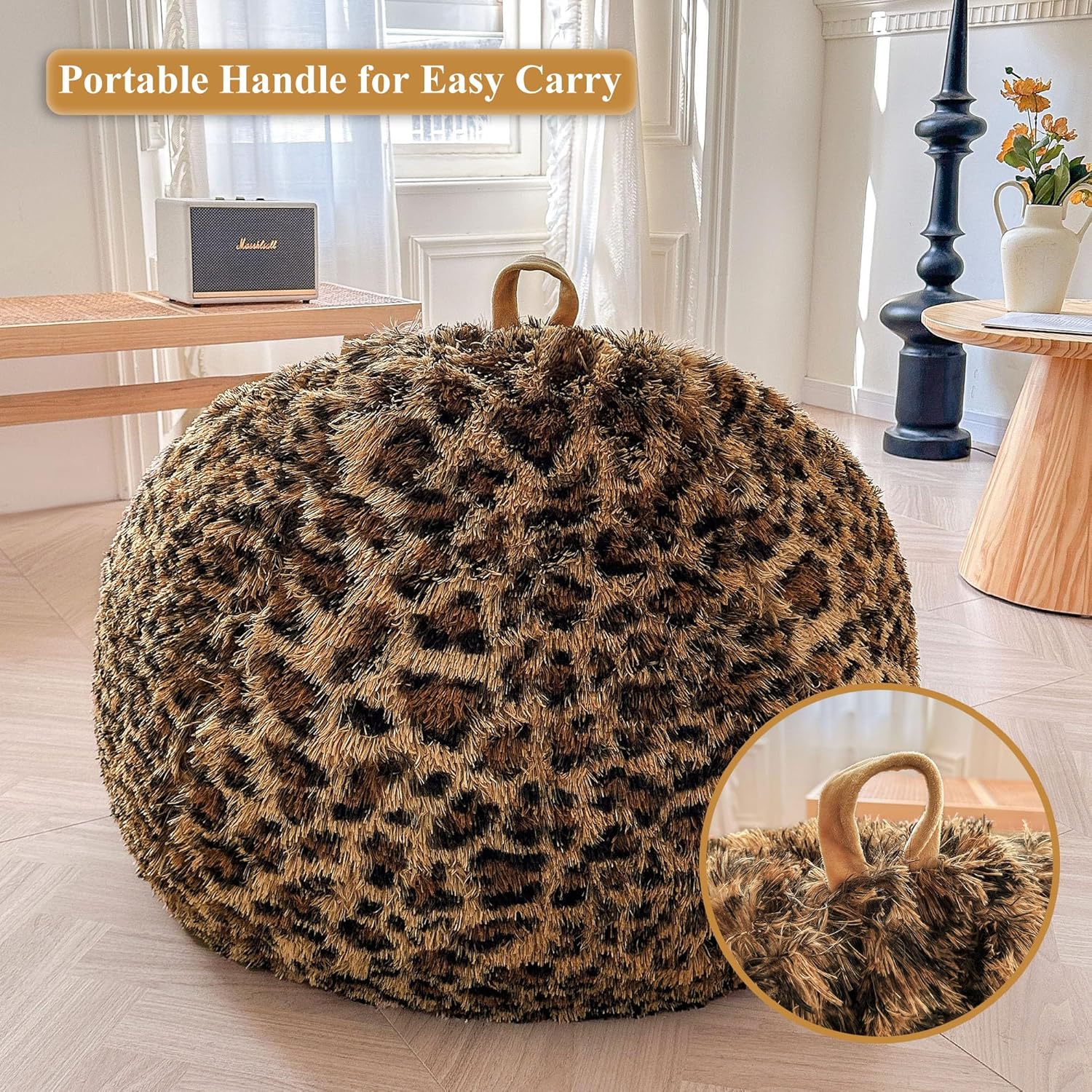 XeGe Faux Fur Leopard Print Bean Bag Chair Cover (No Filler), Fluffy Stuffed Animal Storage Cheetah Bean Bag Home Decor, Furry Fuzzy Big Beanbag Cover for Adults Teens Kids Girls, Anti-slip, Brown