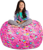 Posh Stuffable Kids Stuffed Animal Storage Bean Bag Chair Cover - Childrens Toy Organizer, X-Large-48 - Canvas Multi-Colored Hearts on Pink
