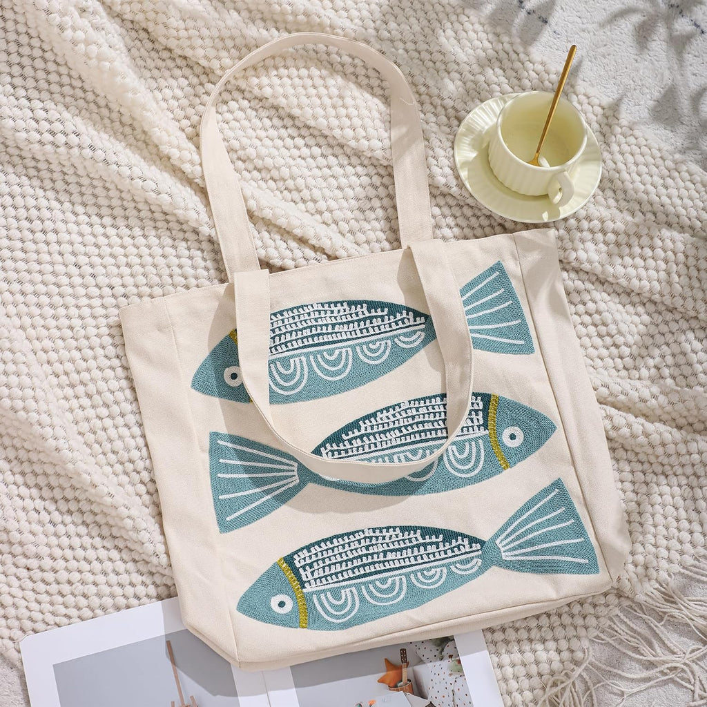 Ocean-Themed Embroidery Tote Bag for Women Summer Canvas Beach Bag Reusable Bag for Shopping Grocery Book