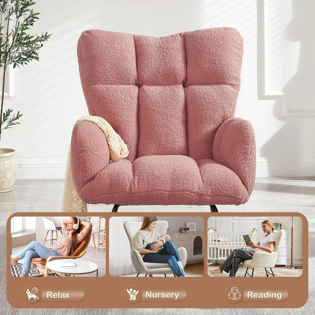 Setawix Upholstered Rocking Chair with Arms for Nursery,Tufted Rocker Glider Chairs,Teddy Fabric Rocking Armchair,Mid Century Modern Accent Chairs for Living Room,Bedroom (Teddy Pink, 27.2")