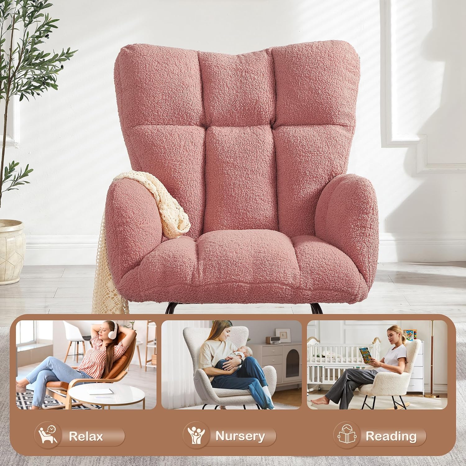 Setawix Upholstered Rocking Chair with Arms for Nursery,Tufted Rocker Glider Chairs,Teddy Fabric Rocking Armchair,Mid Century Modern Accent Chairs for Living Room,Bedroom (Teddy Pink, 27.2")
