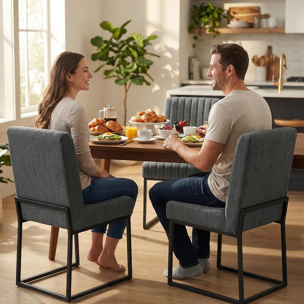VKNOW Upholstered Dining Chairs Set of 6, Modern Dining Room Chairs with Stripe, Linen Kitchen Chair Dinner Chair with Black Metal Base for Kitchen, Dark Grey
