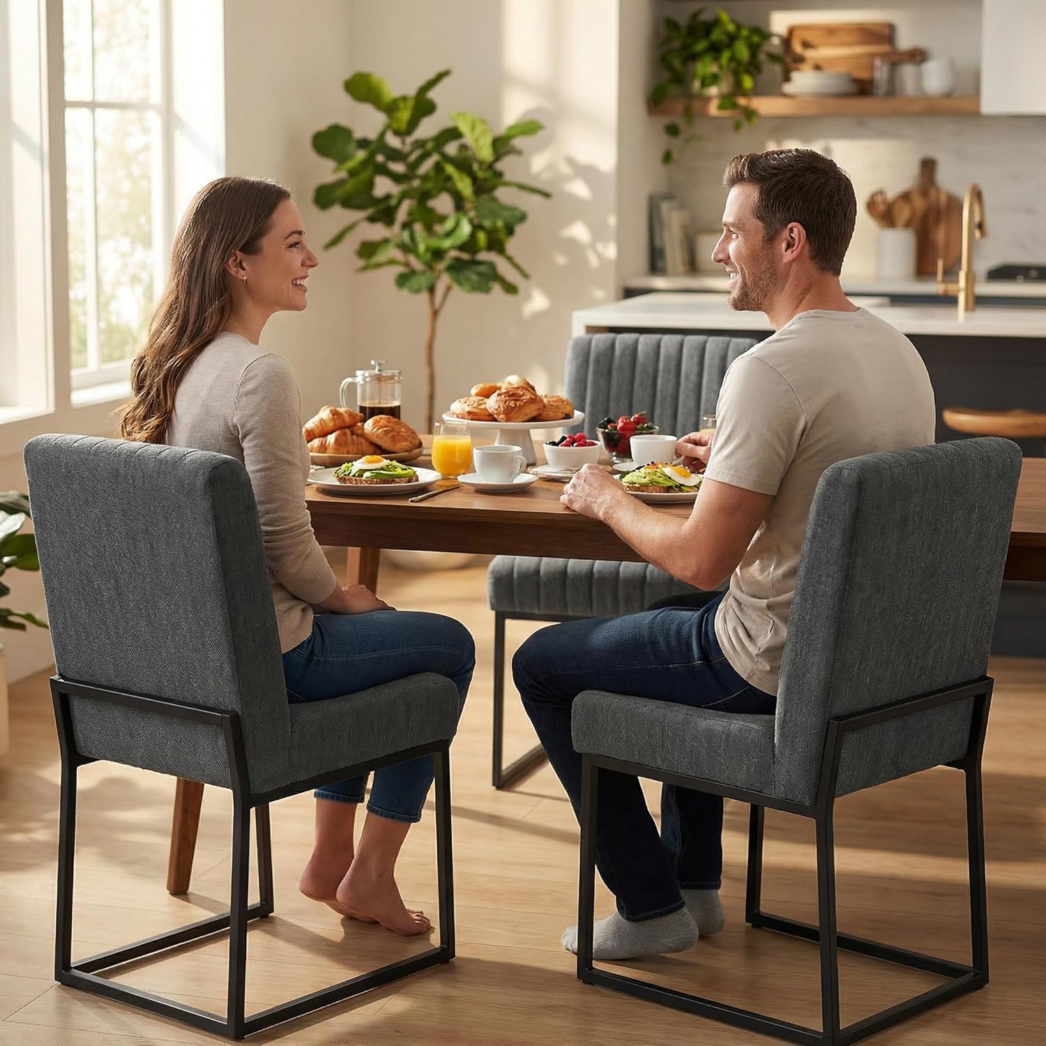 VKNOW Upholstered Dining Chairs Set of 6, Modern Dining Room Chairs with Stripe, Linen Kitchen Chair Dinner Chair with Black Metal Base for Kitchen, Dark Grey