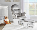 Madison Glider and Ottoman: Contemporary White Wood & Gray Fabric Nursery Chair - Extra Plush Cushions & Storage Pockets - Smooth Gliding Motion for Baby Rocking & Nursing Mothers