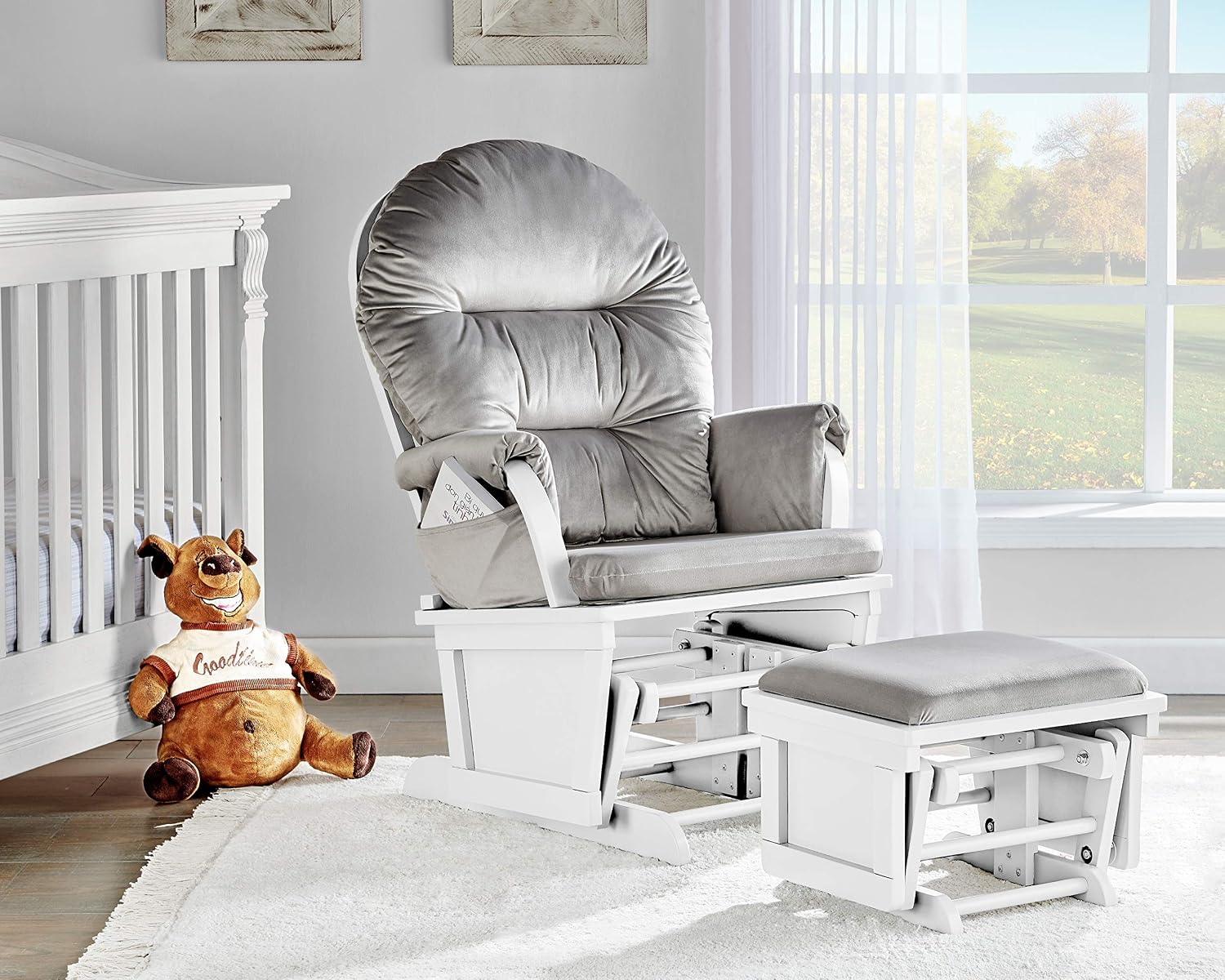 Madison Glider and Ottoman: Contemporary White Wood & Gray Fabric Nursery Chair - Extra Plush Cushions & Storage Pockets - Smooth Gliding Motion for Baby Rocking & Nursing Mothers