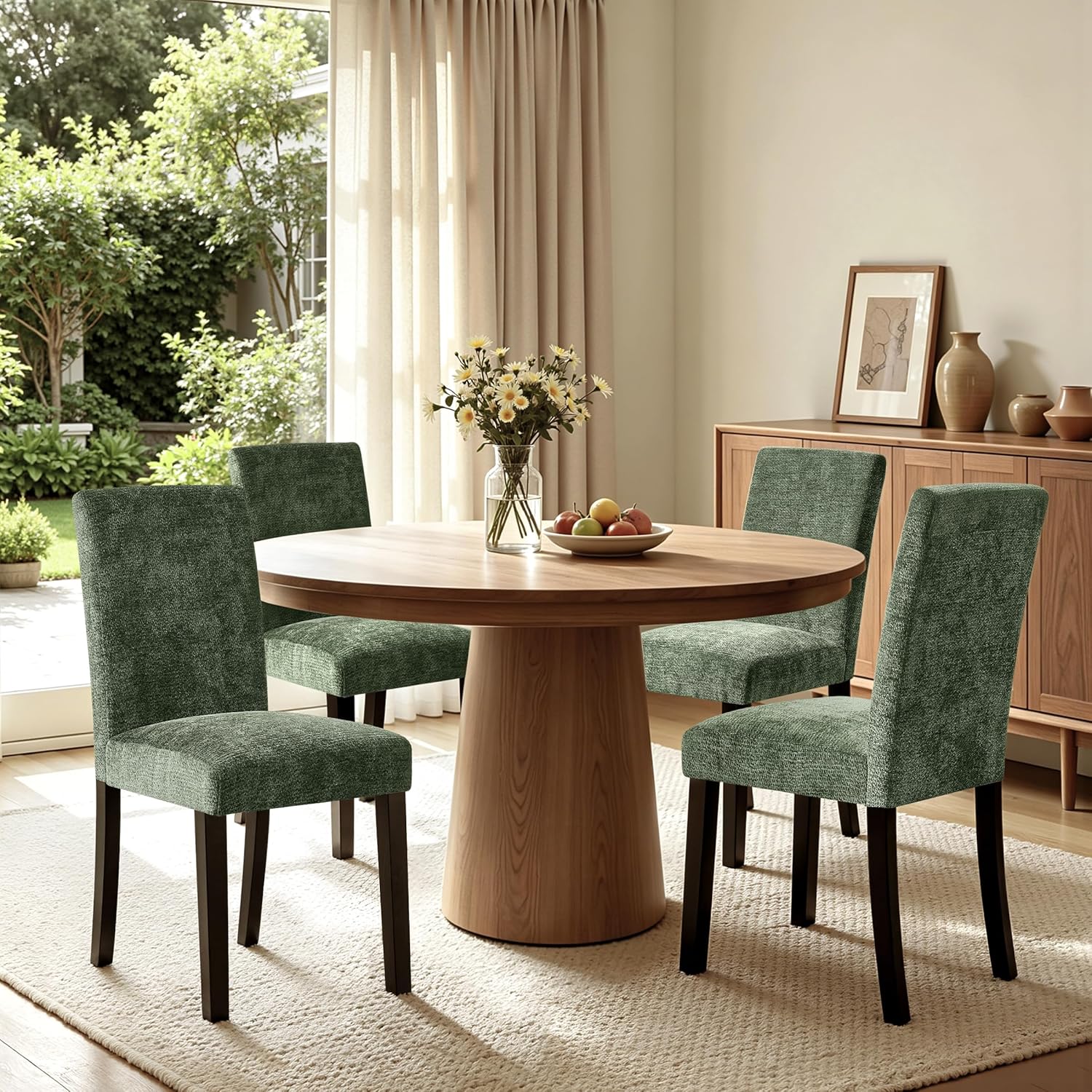 CHUN YI Upholstered Dining Chairs Set of 4, Fabric Dining Room Chairs with Solid Wood Legs, Modern Kitchen Chairs for Farmhouse Living Room Restaurant & Cafe, Green