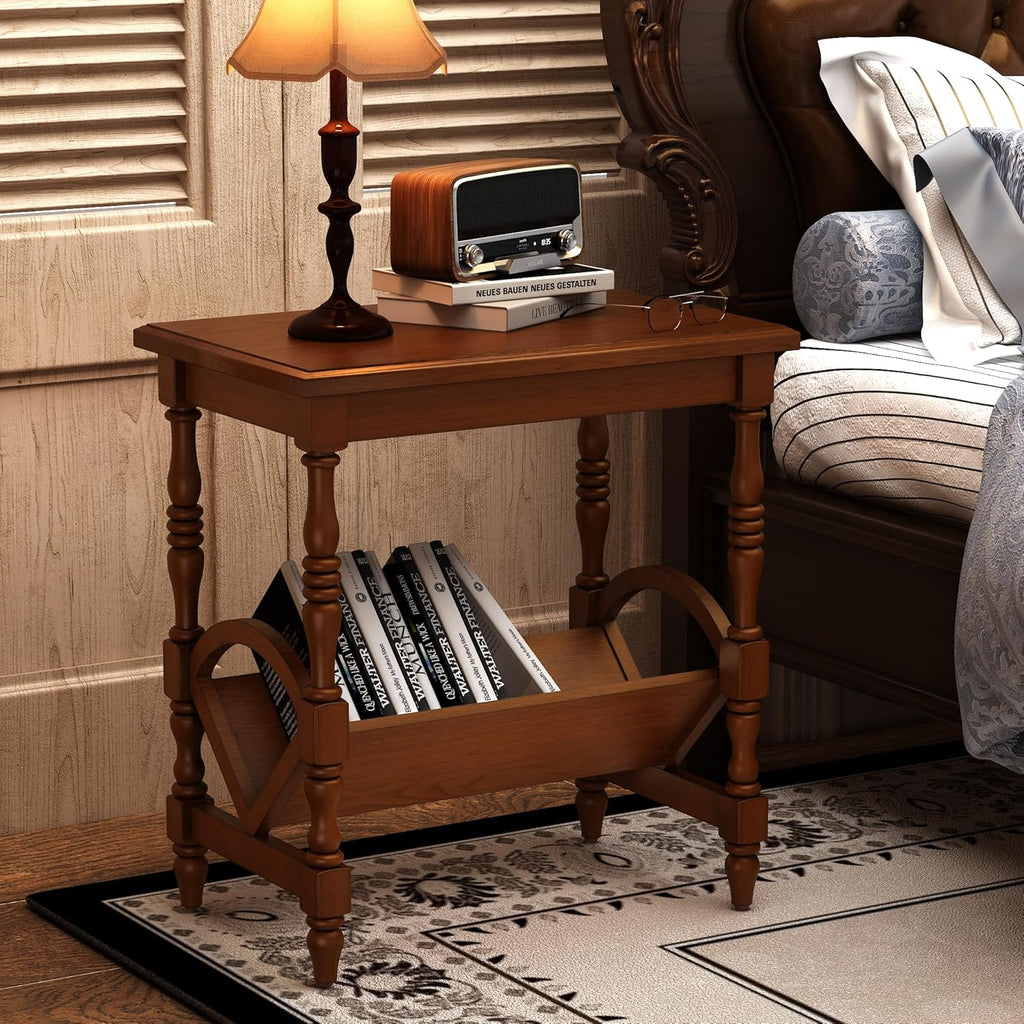 Classic Wooden Side Table with Magazine Rack, End Table with Rubberwood Legs and Birch Veneer Finish, Bedside Table with Storage Shelf for Living Room, Bedroom