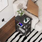 VECELO End Table with Charging Station and USB Ports, Small Wood Nightstand Modern, 24" Tall Living Room Side Table with 3-Tier Storage Shelves for Small Spaces,Office,Bedroom, Classic Black, Set of 2