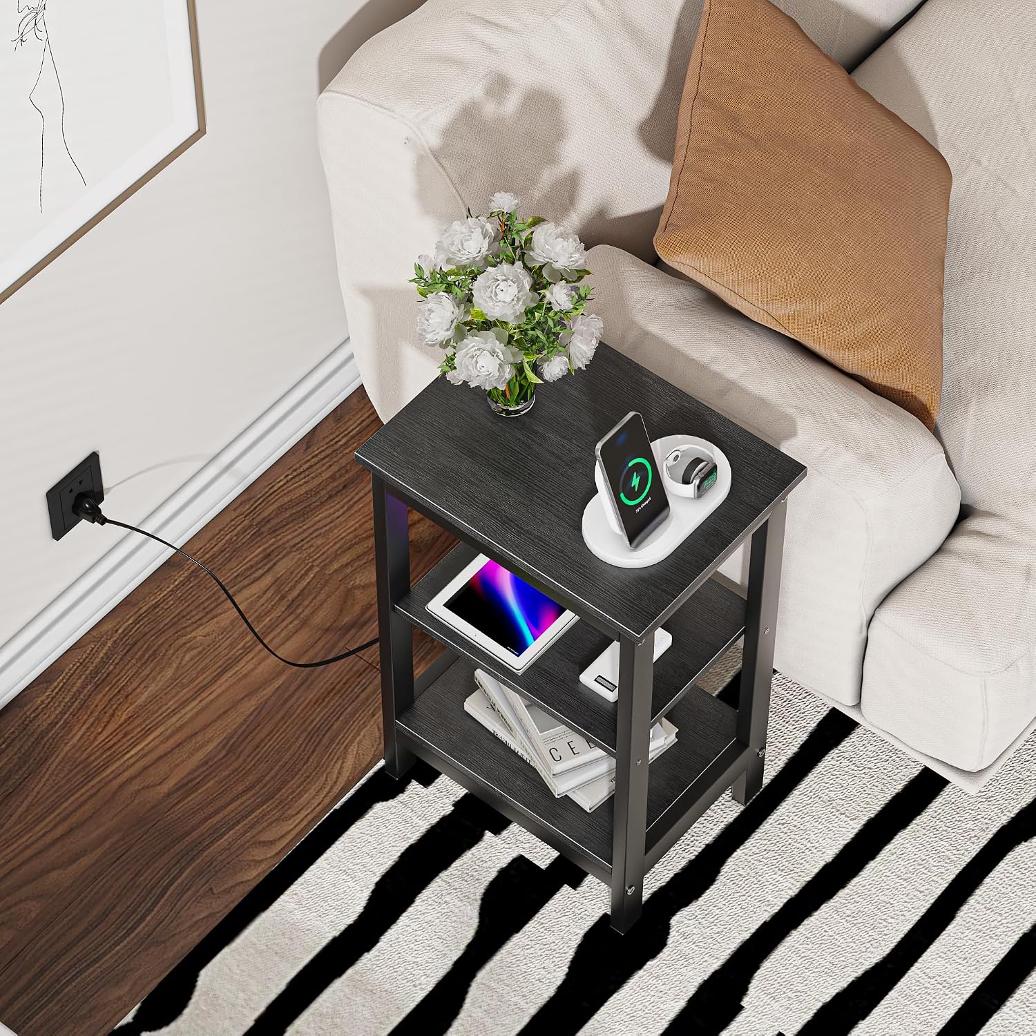 VECELO End Table with Charging Station and USB Ports, Small Wood Nightstand Modern, 24" Tall Living Room Side Table with 3-Tier Storage Shelves for Small Spaces,Office,Bedroom, Classic Black, Set of 2
