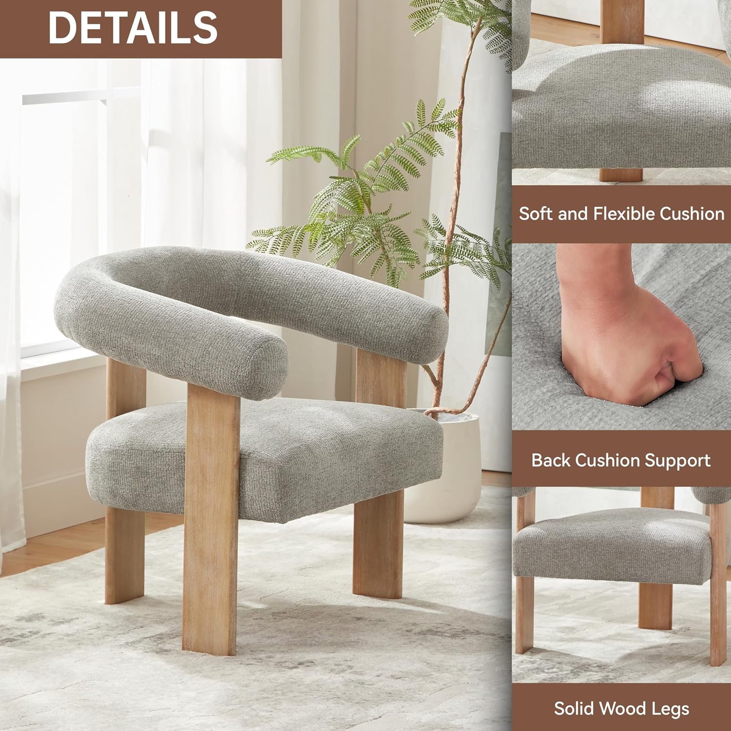 VKNOW Barrel Accent Chairs Set of 2 with Armrests and Rubberwood Legs | Mid Century Modern Upholstered Living Room Chairs with Open Back, Chenille Fabric, for Living Room, Bedroom, Light Gray