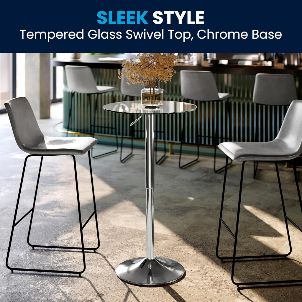 Flash Furniture Chad 23.5'' Round Glass Cocktail Table with Adjustable Height Frame, Bar Height Table for Commercial or Residential Use, Clear/Chrome