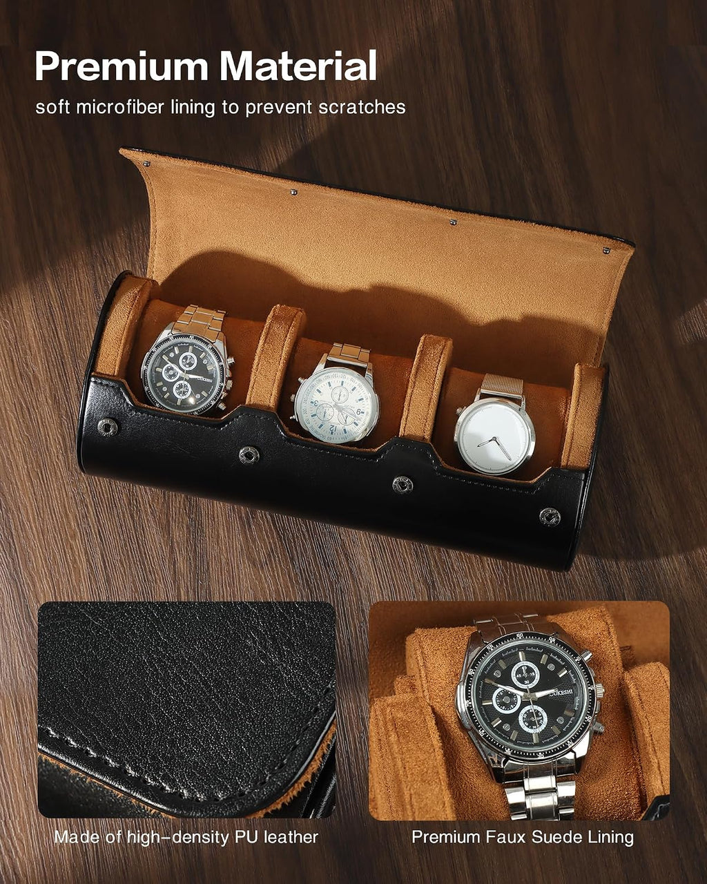 Premium Watch Travel Case, Odor-Free PU Leather Watch Roll for 1/2/3 Watches Protective Storage with Gift Box, Ideal for Men's Gifts & Business Travel, Coffee