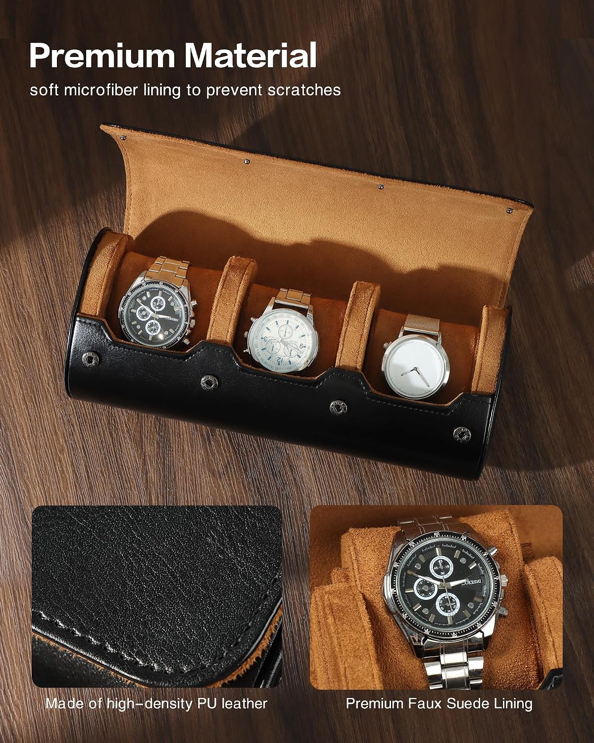 Premium Watch Travel Case, Odor-Free PU Leather Watch Roll for 1/2/3 Watches Protective Storage with Gift Box, Ideal for Men's Gifts & Business Travel, Coffee