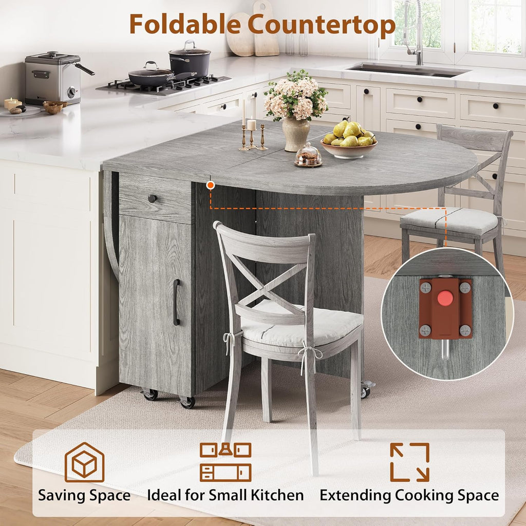 Jocoevol Round Folding Dining Table for 4, Space Saving Drop Leaf Kitchen Table with Storage Drawer, 6 Wheels Oval Gateleg Foldable Dining Table for Small Spaces(Grey 47 * 23.6 * 30)