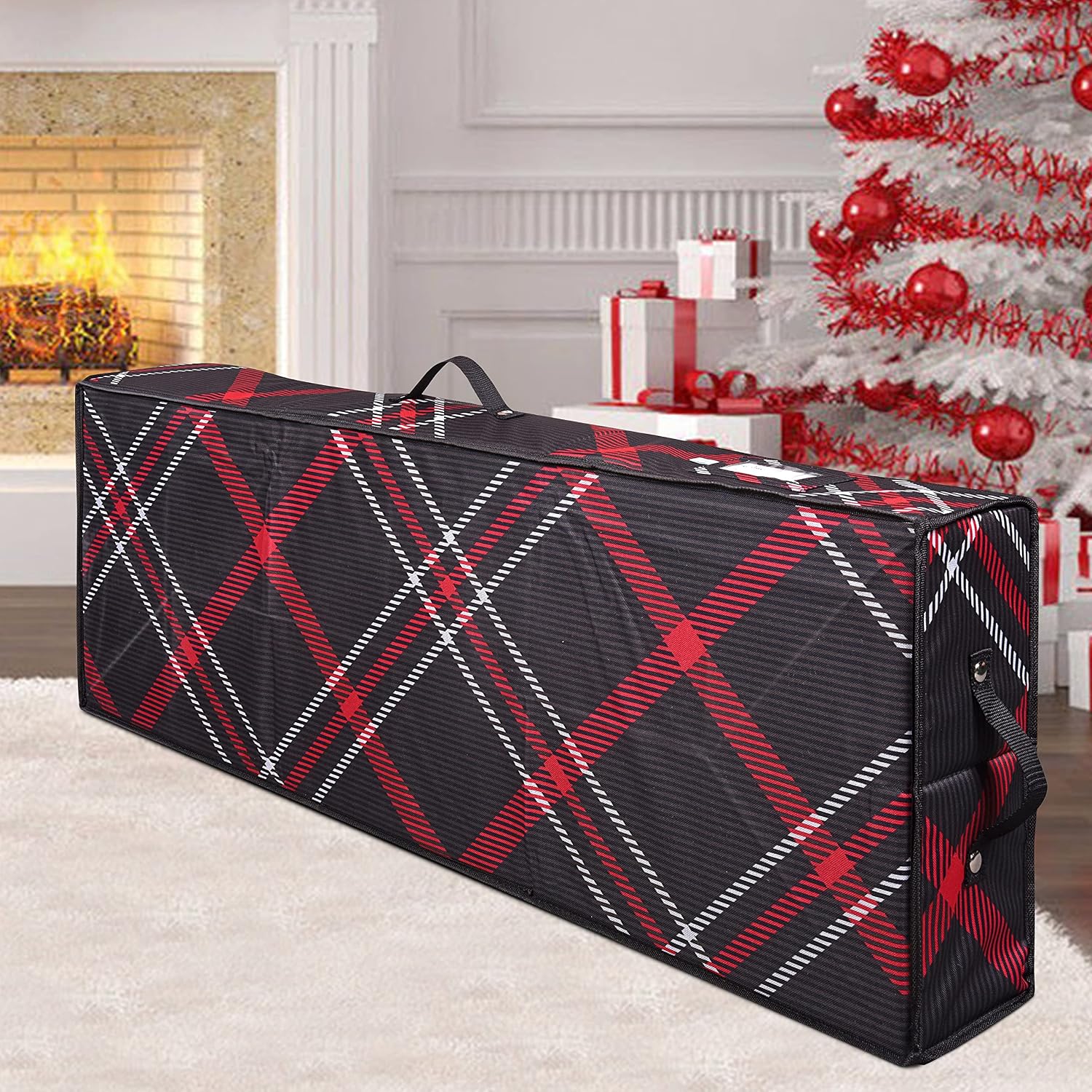 Propik Wrapping Paper Storage Container | Gift Wrap Organizer Under Bed | 41”x14”x6” | Box Holder for 18-24 Rolls Up to 40” | 600D Oxford Material | Pockets for Ribbon, Bows and Accessories (Plaid)