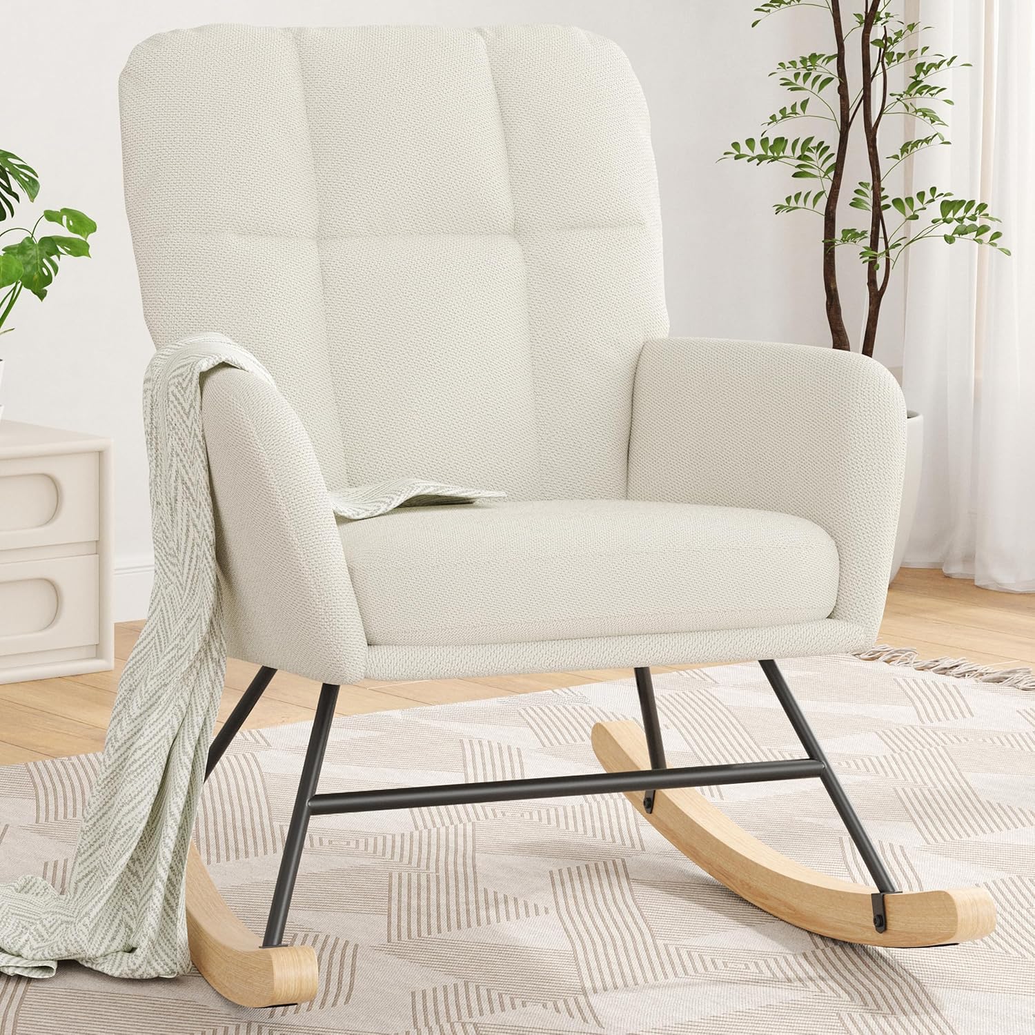 Nursery Rocking Chair Upholstered, High Backrest Glider Rocker Rocking Accent Chair with Padded Removable Cushion Comfy Nursing Chair for Living Room Bedroom Office, Beige