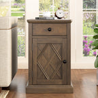 Merax Vintage End Table with Charging Station, Narrow Side Table with Cup Holders and Storage Cabinet for Living Room & Bedroom, Antique Brown