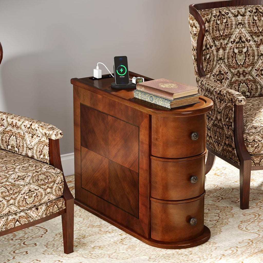 Solid Wood End Table with Charging Station, No Assembly Required Narrow Sofa Side Table for Living Room, Vintage Slim Nightstand Bedside Table (3 Drawers, Brown, 1Pc)