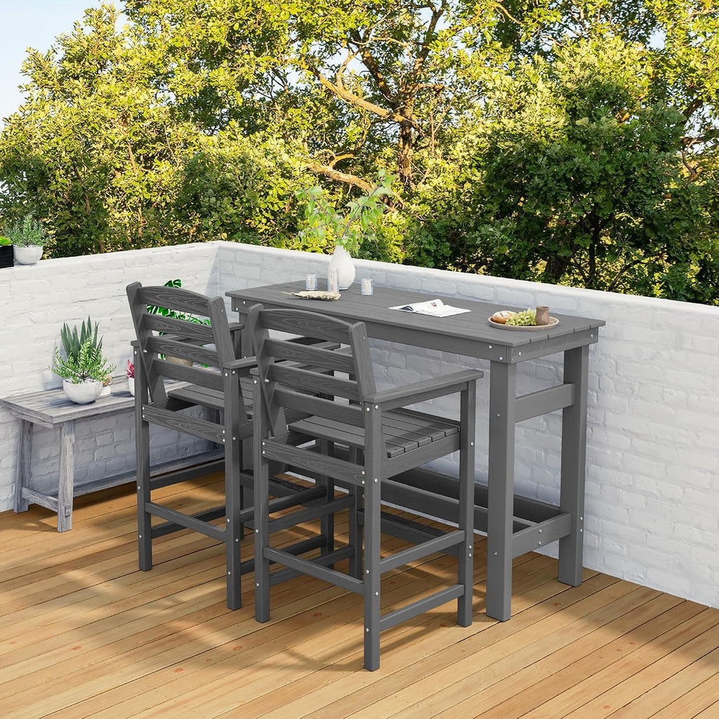 SERWALL Outdoor Bar Set - 4 Adirondack Bar Chairs & Bar Height Table with 1.6" Umbrella Hole, All-Weather HDPE Patio Furniture for Poolside, Backyard, Garden - Grey