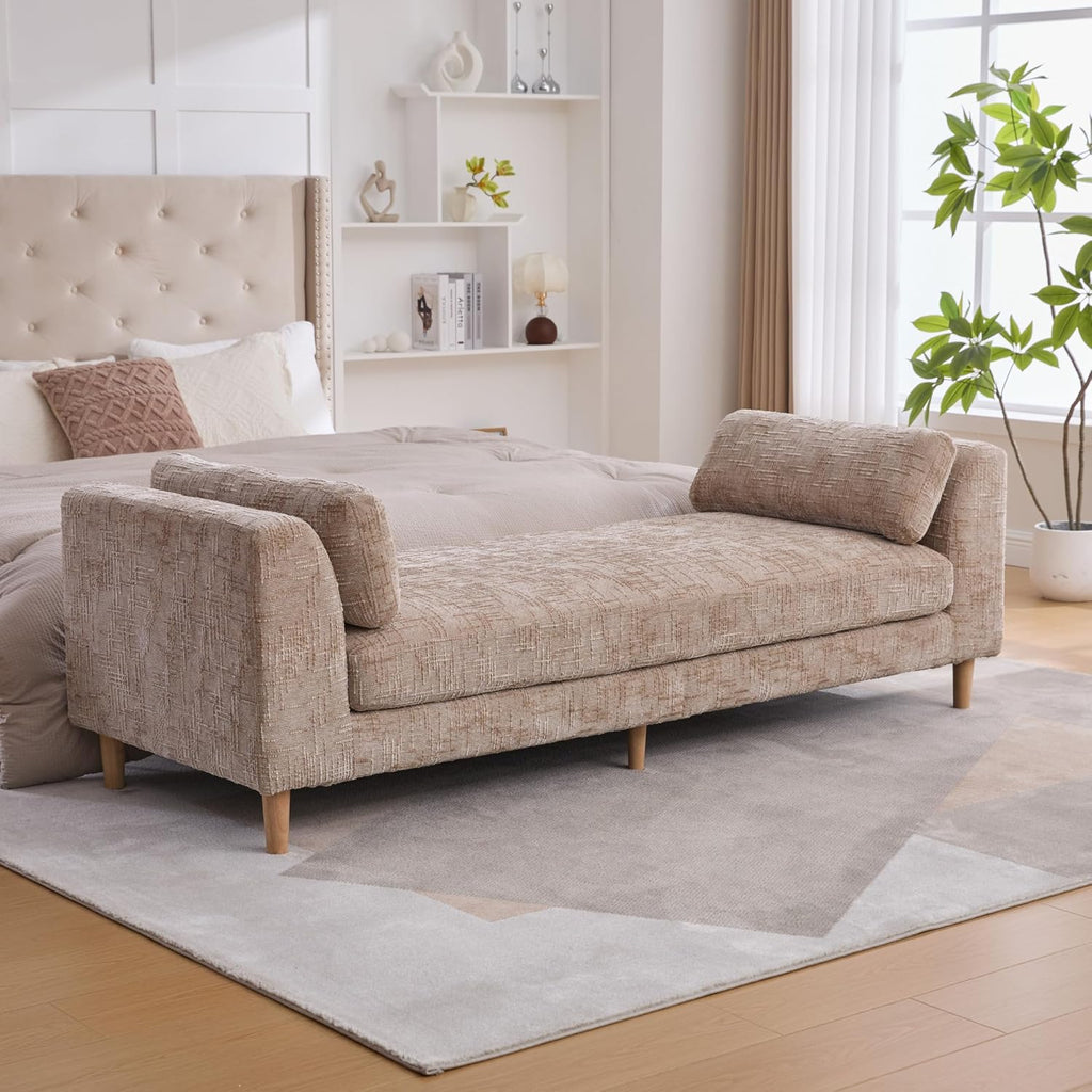 Aoiy & Wifon 83.1" W End of Bed Bench King Size, Oversized Window Bench Seat with Pillows & Rubberwood Legs for Bedroom/Living Room/Apartment, Polyester, Wheat