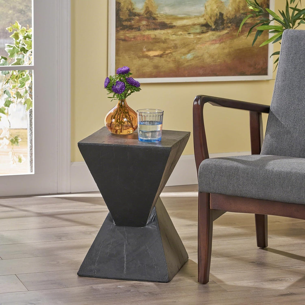 Merax Modern Concrete Side Table with Hourglass Design - Hand-Painted Wood Finish Accenttable for Indoor/Outdoor, Black