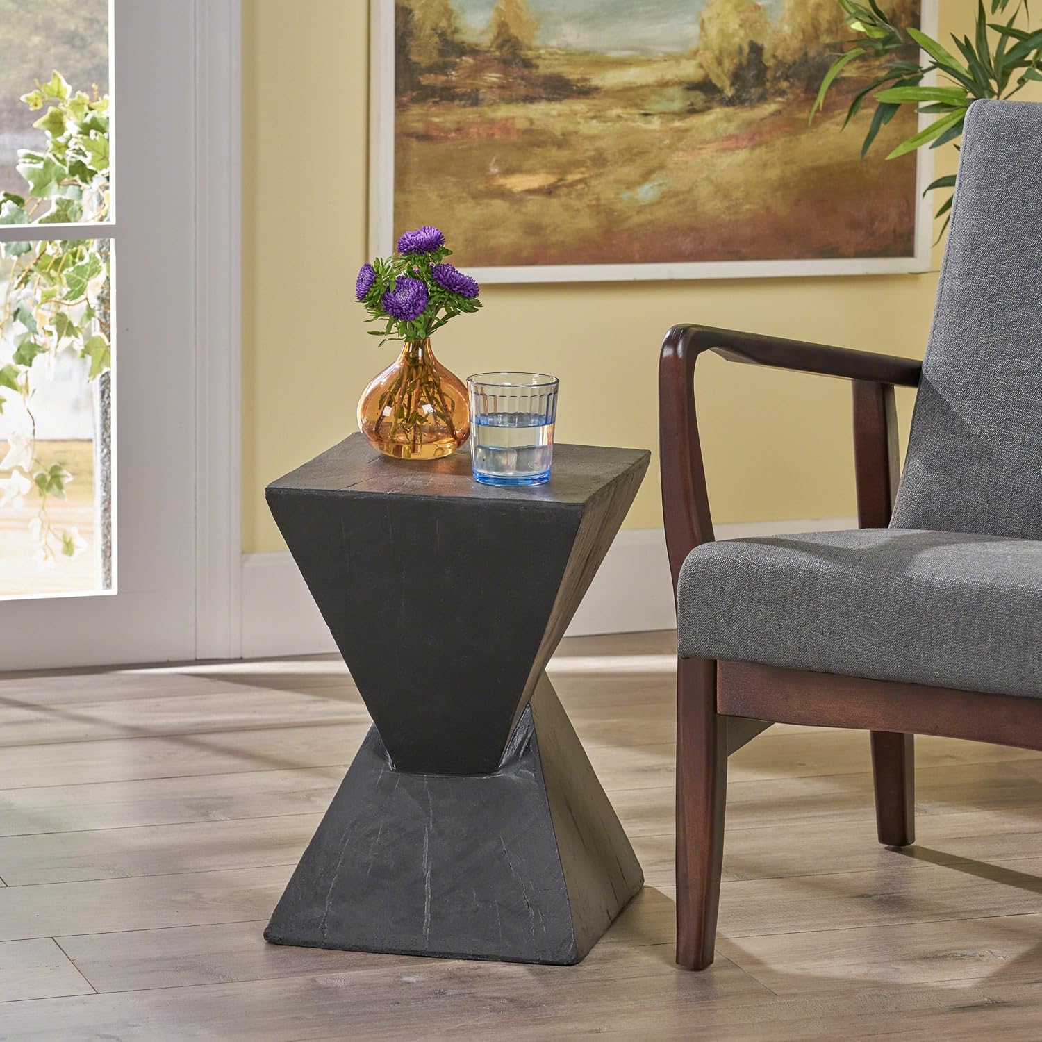 Merax Modern Concrete Side Table with Hourglass Design - Hand-Painted Wood Finish Accenttable for Indoor/Outdoor, Black