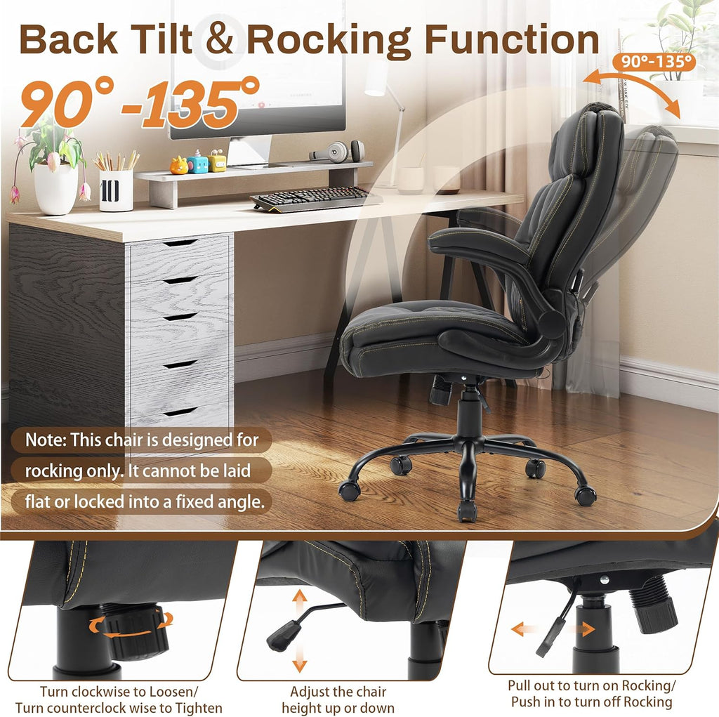 Massage Office Chair, 500LBS Ergonomic Rocking Executive Desk Chairs with 4 Points Vibration&Heat,Padded Flip-up Armrests for Big and Tall Office Chair,Swivel Computer Chair Thicken, PU Black