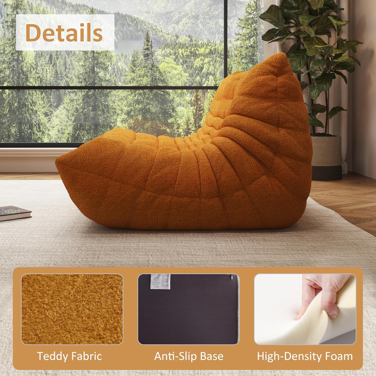Giant Bean Bag Chair for Adult, Cozy Boneless Fireside Accent Loveseat Chair,Memory Foam Floor Sofa, Comfy Lounge Couch for Bedroom Small Living Room Apartment Daily Relax(Yellow, Loveseat)