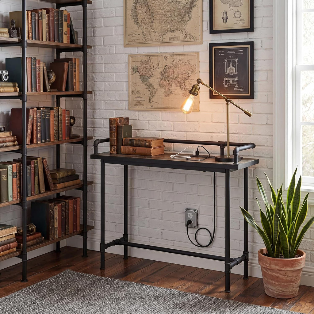 VECELO Narrow Sofa Table with Outlets & USB Ports, Industrial-Style Behind-Couch Table for Entryway, Hallway, Living Room, Bedroom, 39 Inch, Grey Oak
