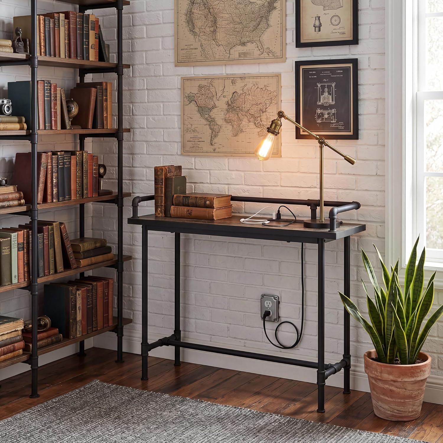 VECELO Narrow Sofa Table with Outlets & USB Ports, Industrial-Style Behind-Couch Table for Entryway, Hallway, Living Room, Bedroom, 39 Inch, Grey Oak