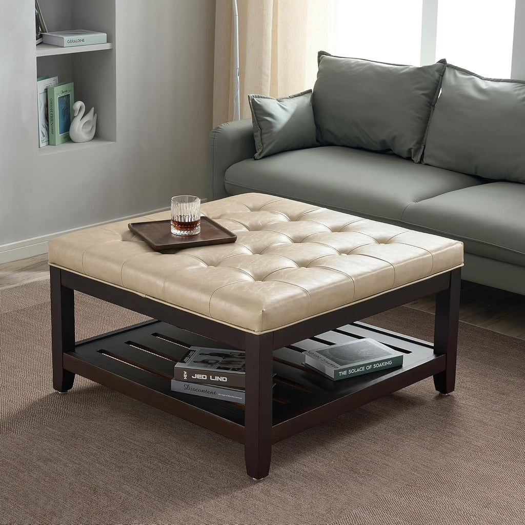 adochr 33'' PU Leather Large Square Ottoman Coffee Table with Storage, Upholstered Button Tufted Footrest Ottoman with Solid Wooden Tray,Coffee Table for Living Room,Ivory