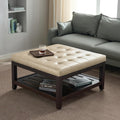 adochr 33'' PU Leather Large Square Ottoman Coffee Table with Storage, Upholstered Button Tufted Footrest Ottoman with Solid Wooden Tray,Coffee Table for Living Room,Ivory
