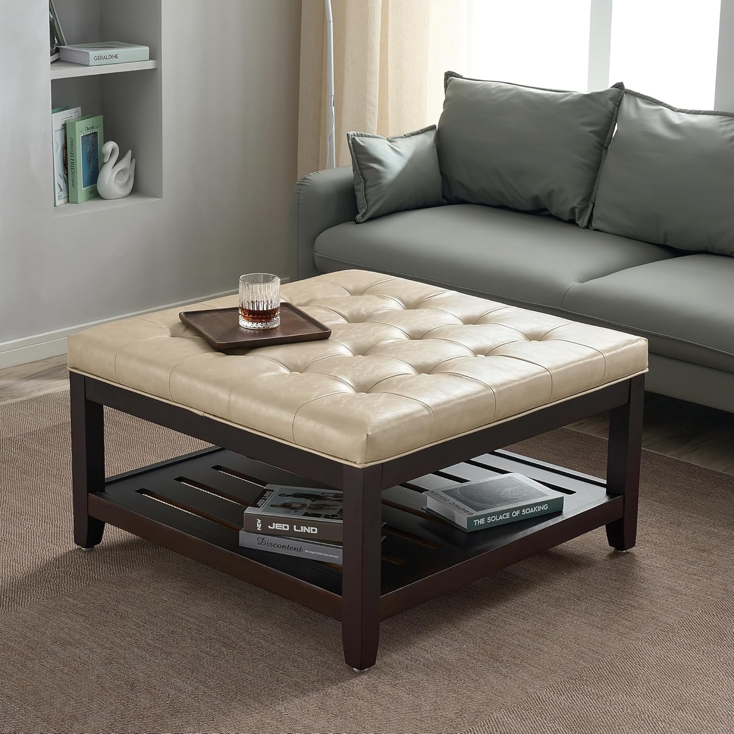 adochr 33'' PU Leather Large Square Ottoman Coffee Table with Storage, Upholstered Button Tufted Footrest Ottoman with Solid Wooden Tray,Coffee Table for Living Room,Ivory