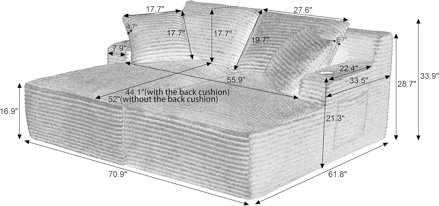 Eafurn Oversized Double Chaise Lounge Indoor with Cup Holders & Side Pocket, 71" Plush Corduroy Boneless Chaise Lounge Sofa with High Density Sponge & Deep High Seat Comfy Sleeper Couch Bed