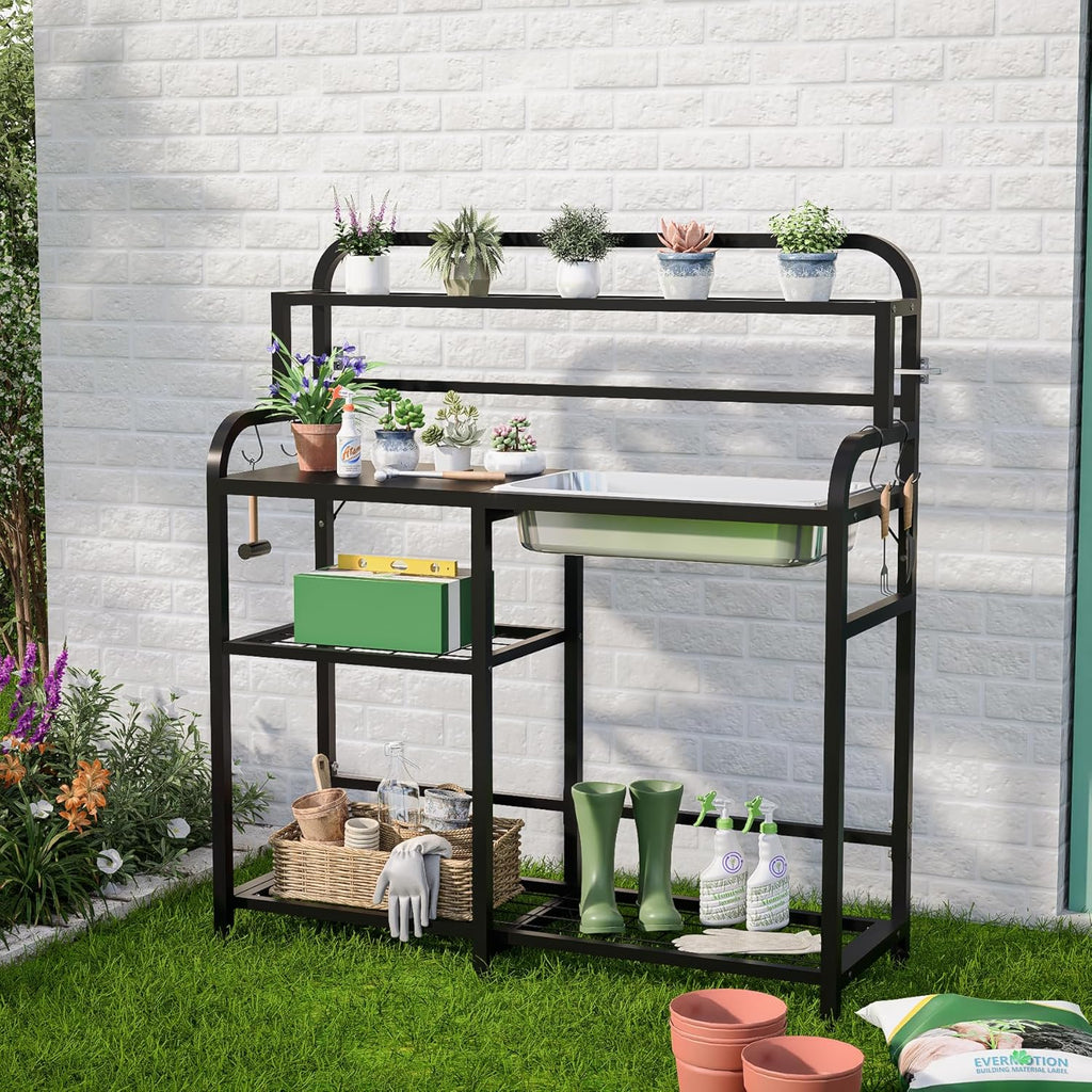 Outdoor Potting Bench Table with Sink & Storage, Heavy Duty Metal Gardening Workbench, 4-Tier Garden Potting Station with Hooks, Adjustable Height Planting Table for Patio Lawn Backyard, Black