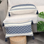 Decorative Boho Lumbar Pillow Covers with Tassels Navy Blue Off White, 12x20 inch -Set of 2 / Small Rectangle Cushion Covers for Couch Sofa/ Farmhouse Woven Pillow Cases/ Accent Chair Pillow Covers