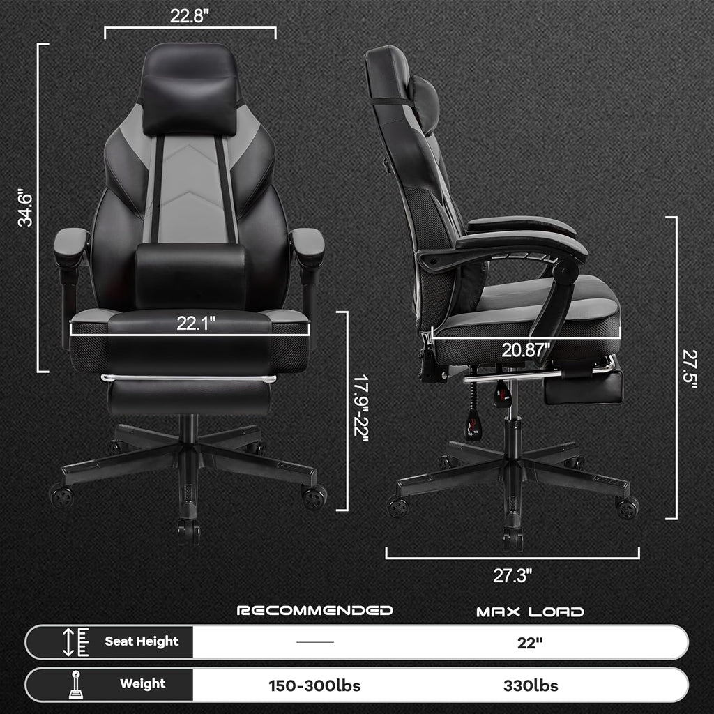 Gaming Chair for Adults, Grey Video Game Chair with Footrest, Big and Tall Gaming Chair Heavy Duty Computer Chair with Massage Lumbar, Ergonomic Adjustable Height and 360° Swivel, PU Leather, Grey